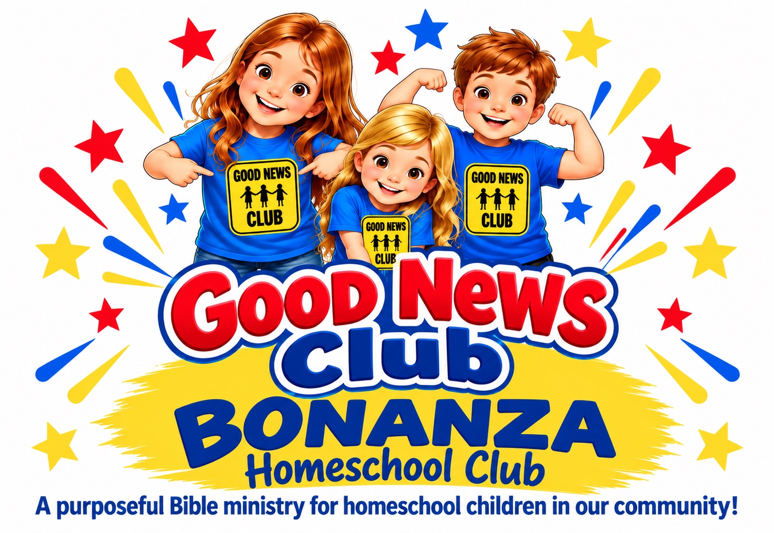 Bonanza Homeschool Good News Club graphic featuring children in blue shirts
