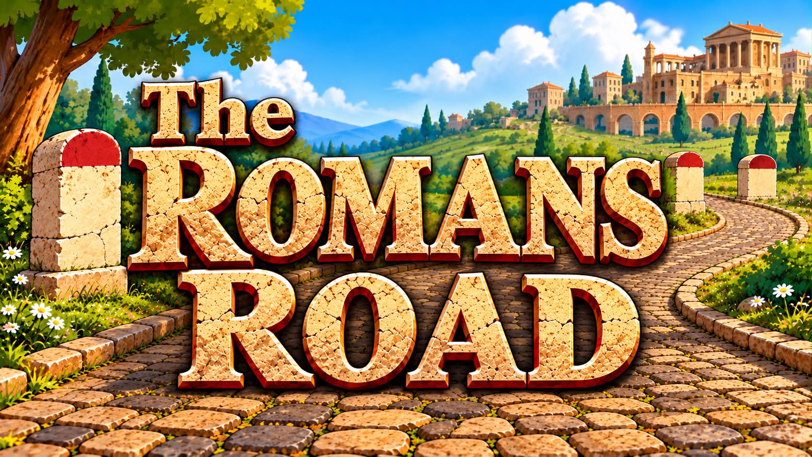 The Romans Road illustrated as a cobblestone path