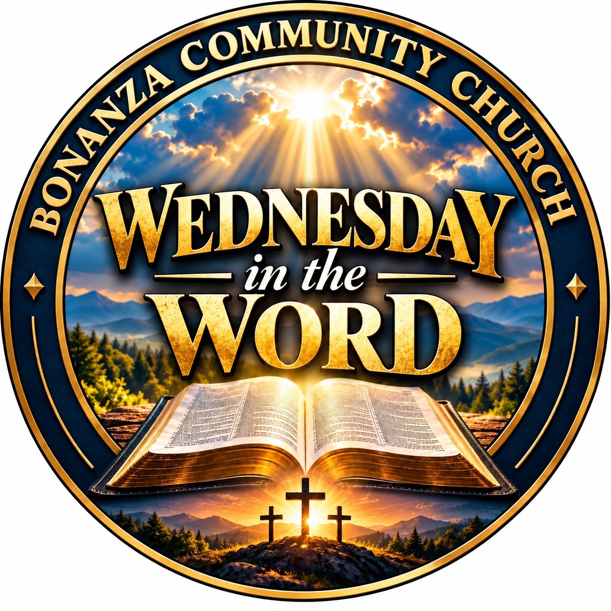 Wednesday in the Word Bible study logo with an open Bible and three crosses