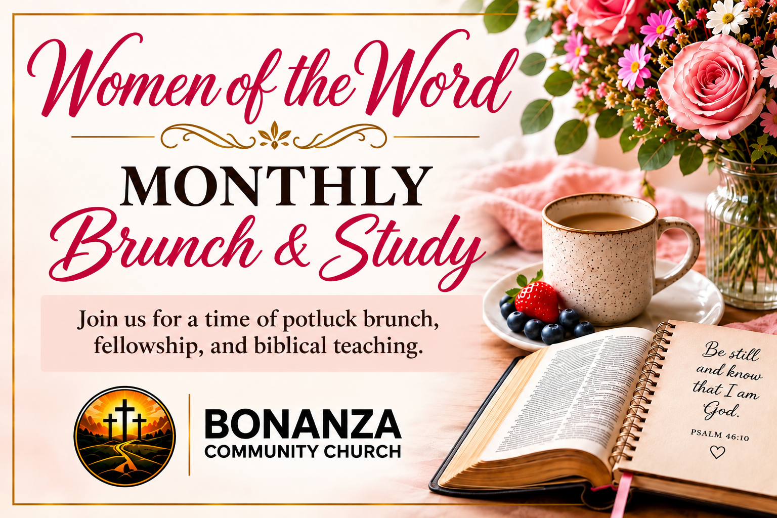Women of the Word monthly brunch and Bible study invitation at Bonanza Community Church